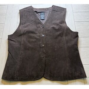 Outbrook Women Brown Suede Leather V Neck Button Up Lined Vest L Rodeo Western